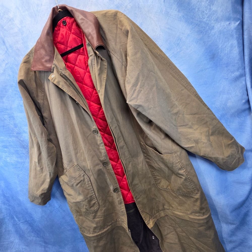 Vintage Marlborough Brown Canvas Duster Coat Leather Collar Red Quilted Liner XL - Picture 2 of 12